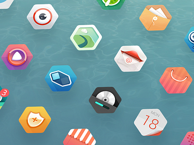 Hexagonal icons on the sea calendar camera email file gallery hexagon hexagonal icon icons manager market music radio recorder sea setting skin theme water