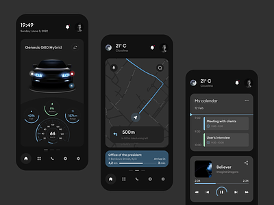 Mobile app for car app audio branding calendar car clean dashboard design illustration interface mobileapp road route taxi tesla ui ux widgets