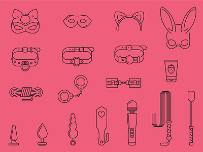 Bdsm icon set bdsm design flat flatgraphic handcuffs icon illustration kink mask outline rabbitmask rope sexshop vector whip