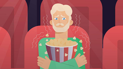 At the cinema character cinema fear film flat graphic design illustration man movie people popcorn scary shaking vector watching