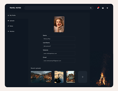 User Profile UI adobe xd clean daily ui challenge dark female fire flame flames girl page travel travel page travel website ui user profile web page website