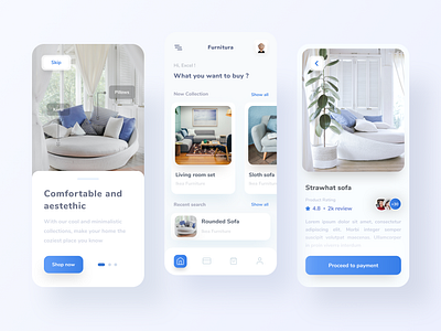 Furniture shop mobile app app blue branding chair clean ecommerce furniture hotel interior ios minimal mobile mobile app modern table white