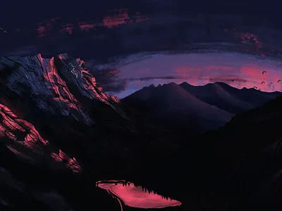 Red lit Mountain sunset digital digital painting illustration landscape mountains photoshop sunset
