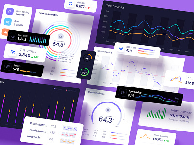 Widgets, indicators, cards, charts and more for your projects. analytic app branding chart components dashboard dataviz design desktop illustration infographic logo predictive analytics presentation product service statistic template ui widgets