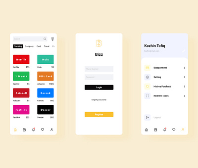 Bizz ecommerce login mobile profile