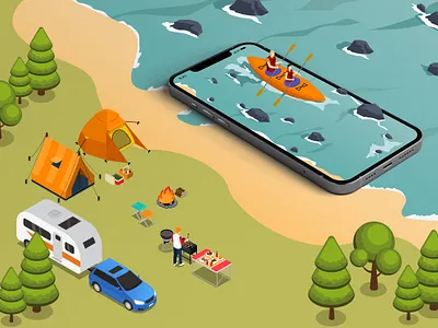 Nomophobia beach branding camping design designers dribbble dribbblers forest gadgets graphic design illustration isometric mobile river technology visual art