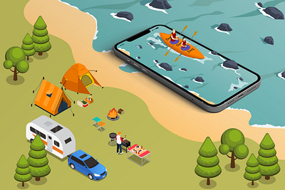 Nomophobia beach branding camping design designers dribbble dribbblers forest gadgets graphic design illustration isometric mobile river technology visual art