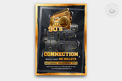 HipHop Connection Flyer Template V2 battle black black and gold boombox club design flyer gold hip hop hiphop music nineties party poster psd rap template underground urban