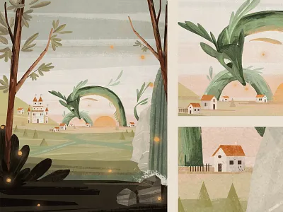 Fairytale castle character design dragon fairytale illustration landscape nature summer sunset village