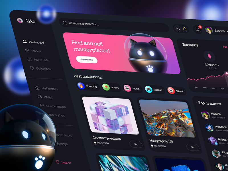 NFT Crypto Marketplace 3d 3d cat blockchain cat robot crypto dark mode dashboard gradient home page marketplace minimalism mobile nft nft marketplace responsive robot trendy ui ux web design