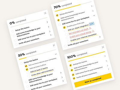 Getting started progression card checkbox element list onboarding progression