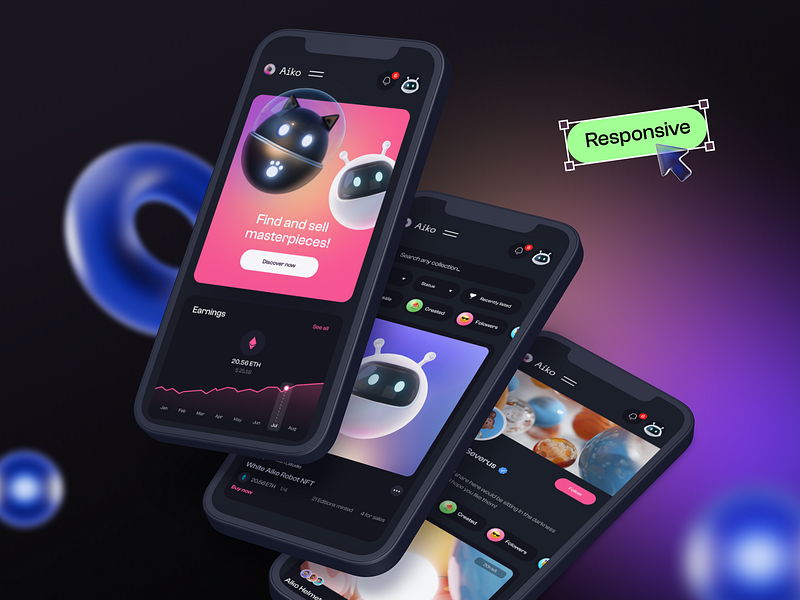 NFT Marketplace – Responsive design 3d app blockchain clean crypto dark mode dashboard geometric shape gradient home page marketplace mobile nft nft collection responsive robot trendy ui user profile ux