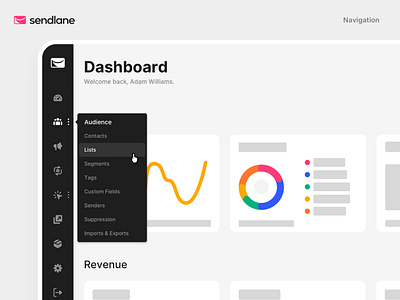 Sendlane Product – Navigation app design component system dark theme dashboard design system light theme marketing application navigation navigation dashboard product design ui design visual design