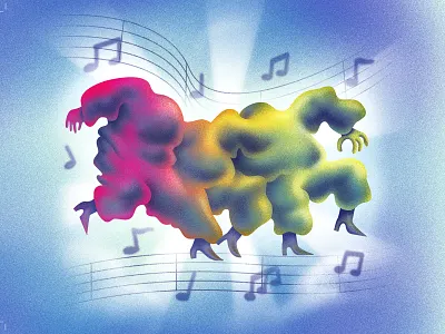 MELDED DANCERS cartoon clouds color colours dance design drawing editorial art heaven illustration magic music print rainbow sky surreal