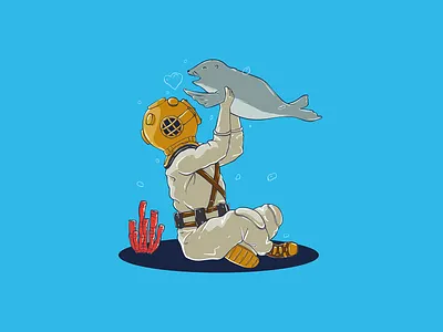 Play with Pet animal character creative creature deep design diver diving illustration logo ocean pet retro scuba sea sea lion t shirt under water vector water