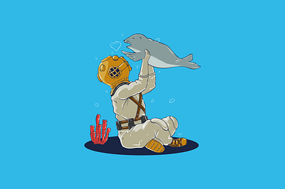 Play with Pet animal character creative creature deep design diver diving illustration logo ocean pet retro scuba sea sea lion t shirt under water vector water