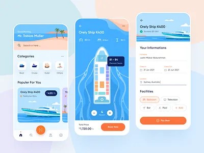 Cruise Booking App Design app app design applications beach boat booking cruise date form gulet icons illustration ios mobile name palm ship ticket ui design vacation