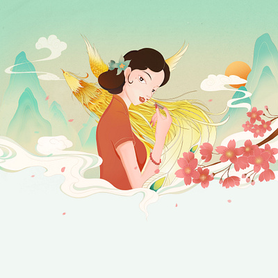 拿着口红的女人 design illustration 凤凰 国风 女人 插画 线条