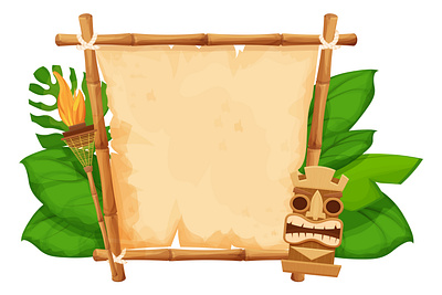 Hawaii Tiki Frame with bamboo and old pasrchment background cartoon flame frame game gui hawaii illustration mask paper parchment summer textured tiki torch ui vector