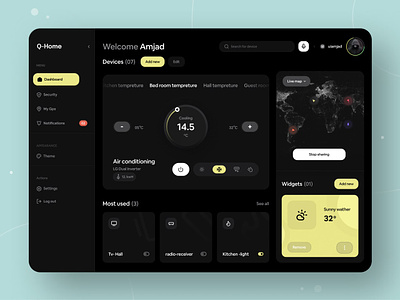 Q-Home Dashboard Design air conditioning dark mode darkmode dashboard design dashboard ux eco house graphic design home widgets home automation house security mobile control remote control room temperature security smart device smart home smart home dashboard smart home design smartapp uiux