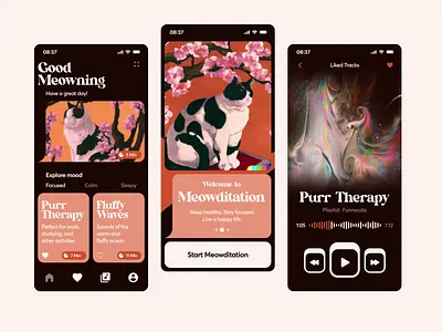 Meowditation — Relax App animation app branding cat cute dalle2 design health illustration mentalhealth mobile neural web relax style techwings ui ux web 3.0
