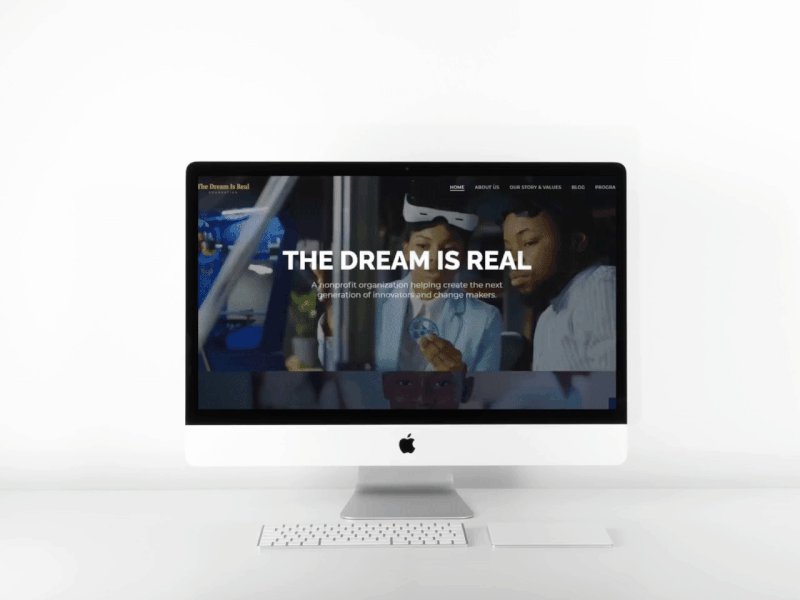 The Dream is Real Foundation: Website blue bold branding charity creative gold hero homepage landing landing page minimalist modern nonprofit raleway sans uppercase video web design webpage website