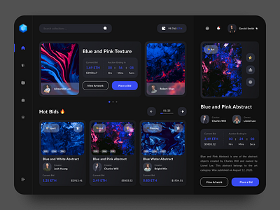 NFT Marketplace Dashboard auction bid bitcoin crypto cryptoart dark dark mode dashboard design investment marketplace money nft nft dashboard nft marketplace payment token ui uidesign uiux