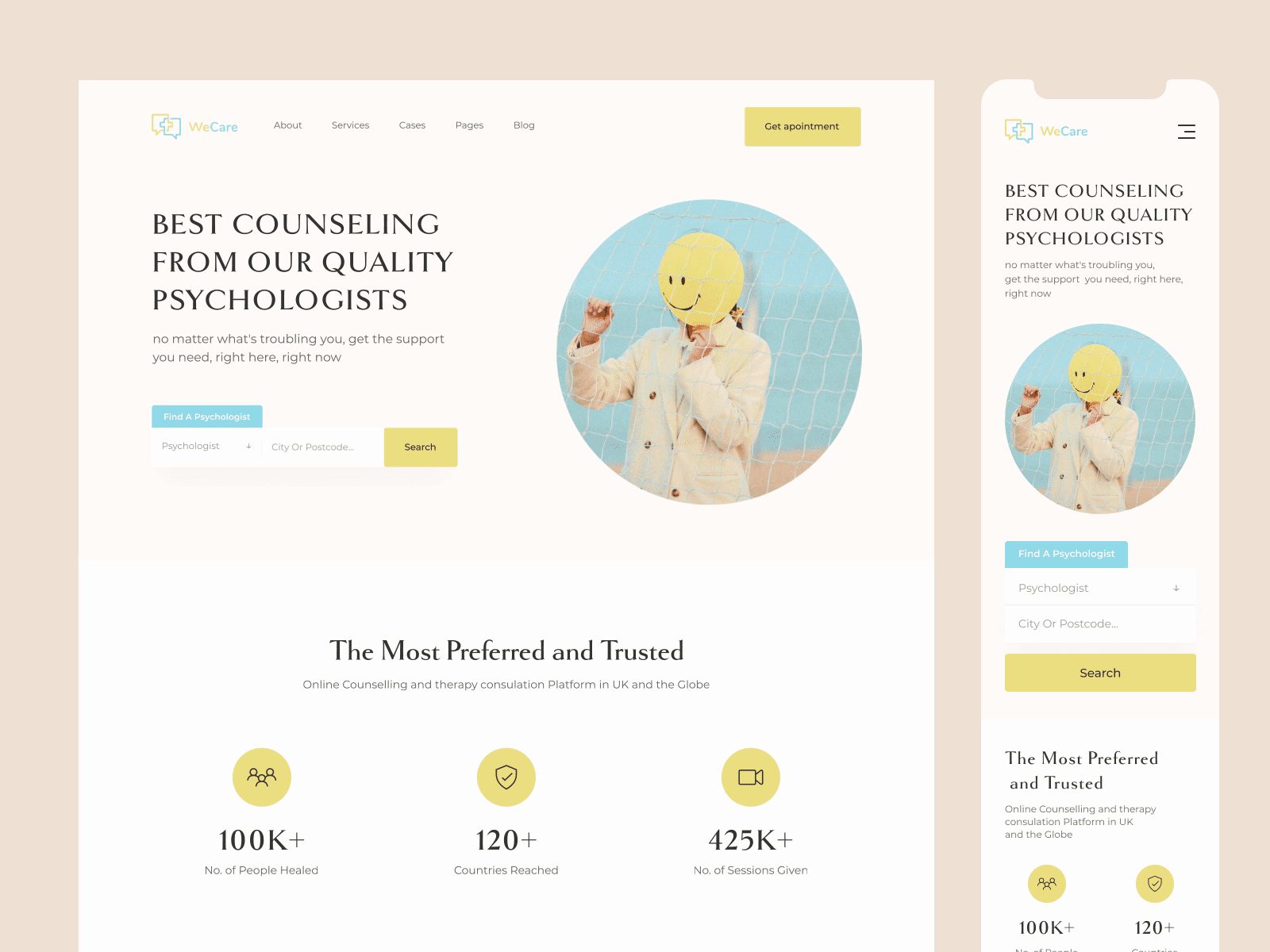 Psychology & Counseling Hero Section animation clean counseling health hero section landing page medical medicine minimal mobile ui motion psychologist psychology ui ux website