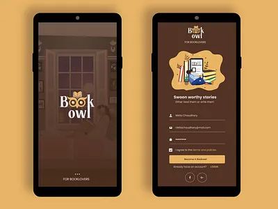 Splash screen and sign up page for Bookowl- E story mobile app app branding illustration logo