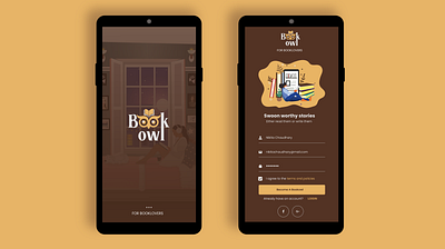 Splash screen and sign up page for Bookowl- E story mobile app app branding illustration logo