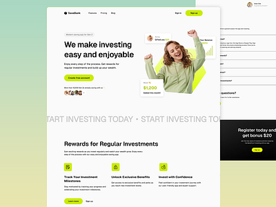 SaveBank | Investment landing page finance fintech fun interface design investment landing page modern design money market rewarding savings trading ui ui design user experience user friendly visualli appealing wealth web design web ui website