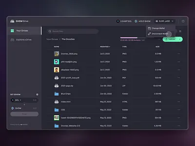 Shadow Drive Concept Prototype app design authentication blockchain crypto dark mode dronies dropbox login nft principle progress bar prototype solana swap table design ui design uiux wallet web3