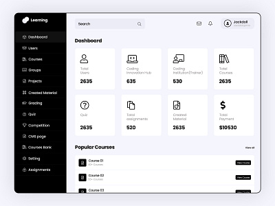 Learning Management System - B/W Admin Dashboard admin panel admin panel design black and white theme clean ui custom software development dashboard design dashboard ui hero banner learning management system minimalist online education product design responsive web design studying teachers and students trending shot uiux design web application