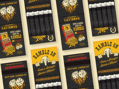 Never A Gamble When You Ramble barber barbershop branding casino collateral dice distressed flames flaming dice gamble illustration matchbooks matches procreate slot machine slots typography vintage