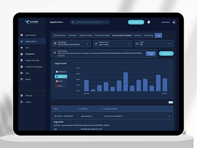 Application Logs - Klovercloud analytics application log cloud service app cloud service platform configuration dashboard ui kubernetes log information log level logs count logs ui pipeline pipeline ui server statistics vpc web ui webdesign