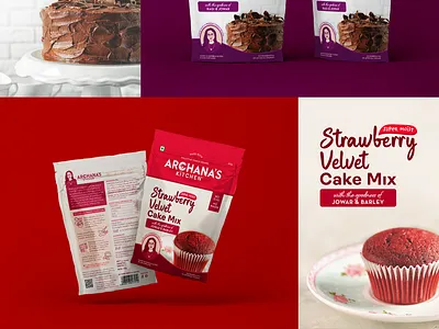 Archana's Kitchen - Strawberry Cake Mix bakery baking batter brand identity branding brownie cake chef cookie design food graphic design healthy illustration kitchen logo mix packaging recipe vector