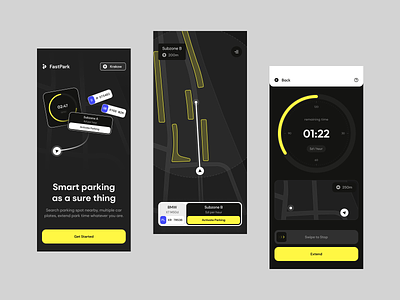 FastPark / Mobile App app booking car car plate countdown dark find ios map mobile navigation park parking route splash swipe timer ui ux vehicle