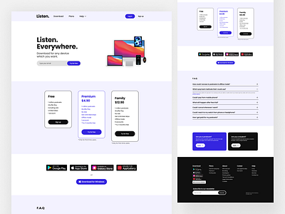 Listen podcast app landing page concept app logo ui ux