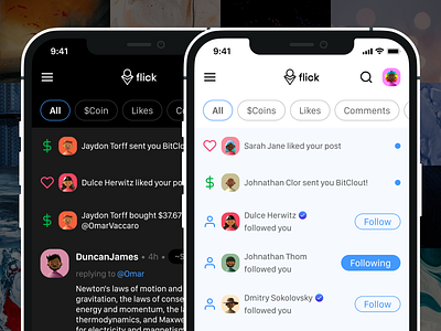 Flick - BitClout Notification Filters app app design bitclout community crypto cryptocurrency dark mode filters light mode notification notifications product product design social social media sort ui ui design ux ux design