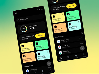 Mobile cloud storage app cloud capacity cloud computing cloud storage dark mode dark theme docs mobile app mobile apps mobile ui projects prototypes simple design storage app storage capacity ui ui design upgrade user friendly user interface web design