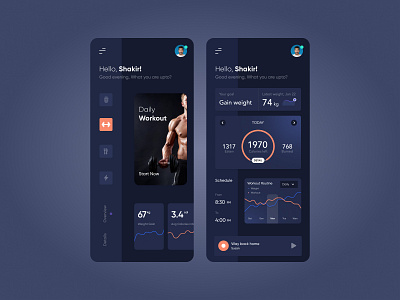 Health and Fitness App app app ui dark dark app dark mode dark theme dark ui fintess health health app minimal mobile mobile app mobile design modern night mode sidebar trainer app