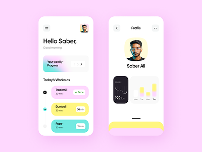 Fitness App Ui 2pixel app ui clean cuberto fitness home page inspiration minimal mobile app mobile ui profile saber saber ali tracker ui user experience user interface work out