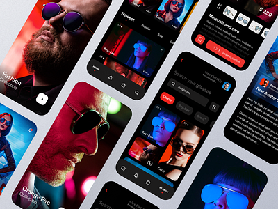 Glasses shop. Mobile app. app blog clean dark mode dark theme home page home screen interface minimal mobile app news product design sun glasses ui