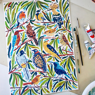 Birds art drawing gouache hand drawn illustration painting