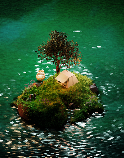 Camping at the lake island 3d 3d modeling blender camping chill illustration