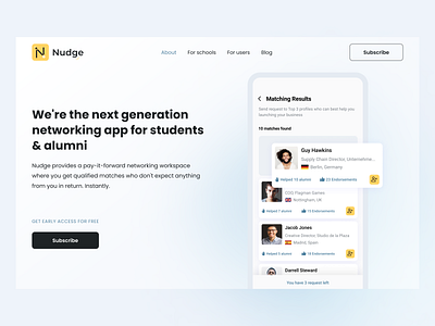 Nudge – landing page branding design experience firstscreen landing marketing minimalistic mobileapp networking platform product promo startscreen students study ui website