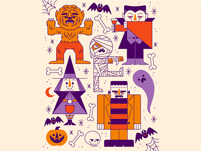Monster Mash character cute design dracula frankenstein fun ghost halloween holiday illustration monster mummy pumpkin retro skull spooky vector witch wolfman