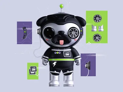 CYBERPUG 3d 3d character adorable animal character colors cyber design dog dribbble funny illustration kawai kawaii logo pets pug puppy ui ux