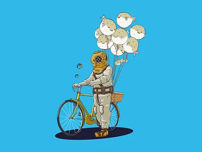 Puffer Balloon Seller animal balloon bicycle branding character deep diver fish funny illustration kids logo ocean puffer fish retro sale scuba sea vector vintage