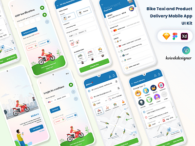 Bike Ride Taxi Booking and Products Delivery Mobile App UI Kit